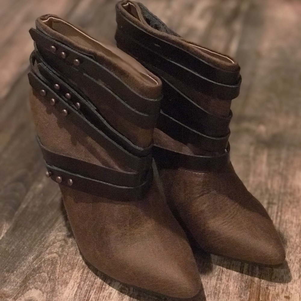 Brown high heel booties (never worn)